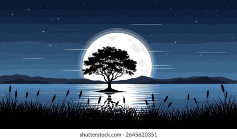 Serene night landscape with a solitary tree reflecting on calm water under a glowing moon