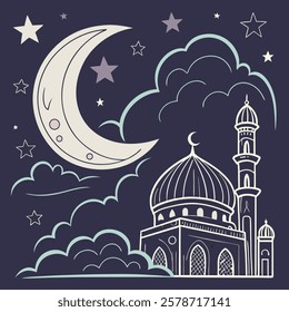 Serene Night at the Mosque with Crescent Moon and Stars vector illustraion