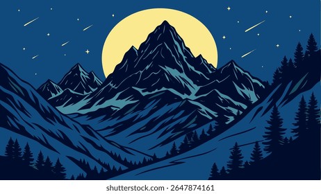 Sereno noite montanha paisagem com uma lua cheia, estrelas, e pinheiros. Ilustração vetorial capturando a beleza majestosa da natureza.