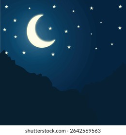 A serene night scene with a crescent moon and scattered stars above silhouetted mountains.