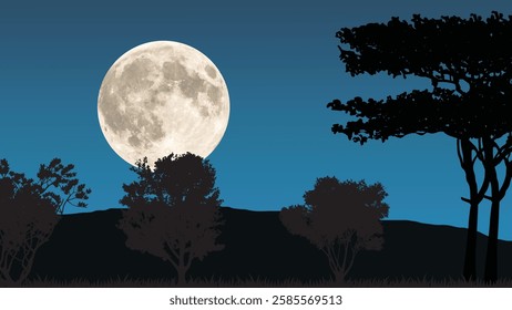 Serene Night Scene: Detailed Full Moon Over Silhouetted Landscape with Trees and Bushes