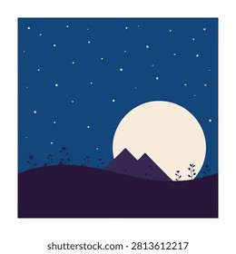 Serene night scene with a large full moon rising over mountains under a starry sky