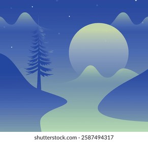 A serene night scene with a large moon, a silhouette of a pine tree, and a gradient of blue and green hues.