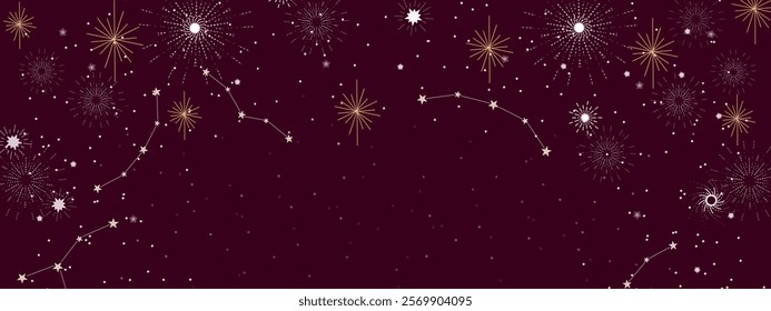 A serene night sky adorned with golden fireworks and delicate constellations, capturing the beauty of celestial celebrations and cosmic wonder.