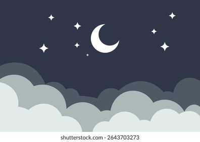 Serene Night Sky Arte com uma Lua Crescente e estrelas acima de nuvens macias