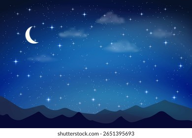 céu noite sereno com uma lua crescente à esquerda brilha intensamente, estrelas com efeito cintilante, silhueta de montanhas rolantes 