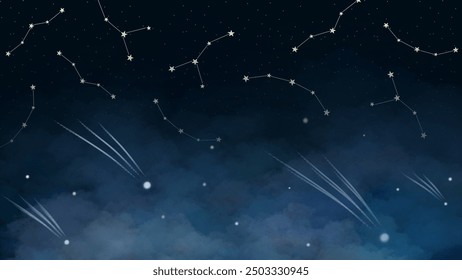 A serene night sky design with twinkling stars, shooting stars, and delicate constellations floating above soft, dreamy clouds. 