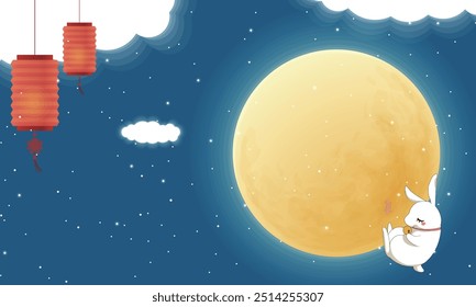 A serene night sky features a bright full moon with a cute white bunny holding a small mooncake. 