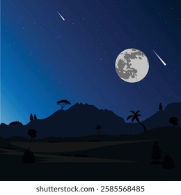 Serene Night Sky with Full Moon, Stars, and Shooting Stars Over Silhouetted Landscape - Tranquil Nocturnal Scene