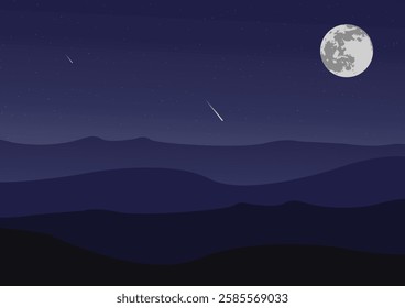 Serene Night Sky: Full Moon, Stars, and Rolling Hills - Tranquil Nocturnal Landscape Illustration