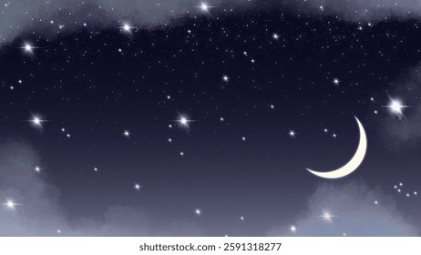 A serene night sky with a glowing crescent moon and twinkling stars above soft clouds. A peaceful celestial scene perfect for backgrounds, dreamlike themes, and cosmic designs.