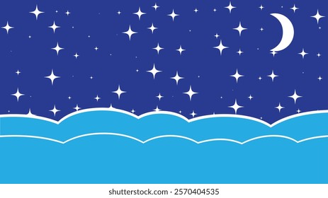 A serene night sky illustration featuring a crescent moon, shining stars, and layered blue clouds. Ideal for use in creative projects, web design, or decorative purposes.
