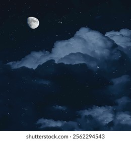 A serene night sky scene featuring a crescent moon glowing softly amidst a deep, star-filled background. The foreground showcases voluminous, fluffy clouds illuminated by moonlight, creating a dreamy 