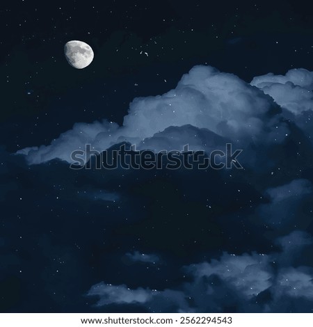 A serene night sky scene featuring a crescent moon glowing softly amidst a deep, star-filled background. The foreground showcases voluminous, fluffy clouds illuminated by moonlight, creating a dreamy 