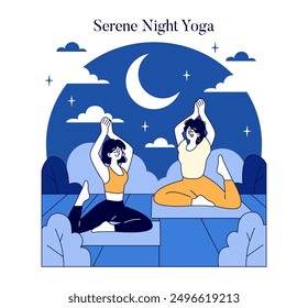 Serene Night Yoga concept. Two individuals practicing yoga poses under a starlit sky. Relaxation, fitness, and tranquility in nocturnal setting. Vector illustration.