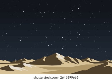 Serena paisagem desértica noturna: céu estrelado sobre montanhas de baixo-poli, estilo minimalista, atmosfera calma e pacífica.