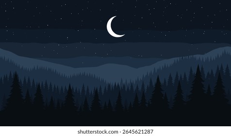 Serene Nighttime Forest Landscape with Crescent Moon and Stars