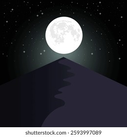 A serene night-time illustration featuring a glowing full moon above a dark desert mountain. The sky is adorned with twinkling stars, creating a peaceful and mystical atmosphere. 