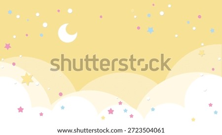 A serene nighttime scene with a crescent moon shining brightly in a vibrant yellow sky filled with colorful stars and floating gently above soft white clouds with peaceful
