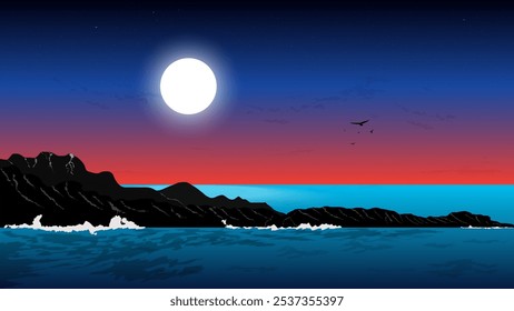a serene nighttime seascape. A large, full moon illuminates the dark sky and casts its glow upon the calm ocean, Silhouetted against the moonlit horizon 