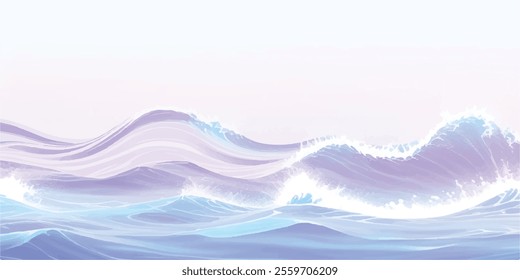 "Serene Ocean Flow: Abstract Watercolor Waves: A tranquil watercolor texture in soft purple and white, representing calm ocean waves, perfect for creative banners, digital art, and abstract designs."
