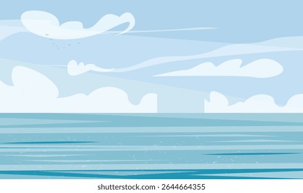 Serene Ocean Landscape with Minimalist Blue Sky and Clouds