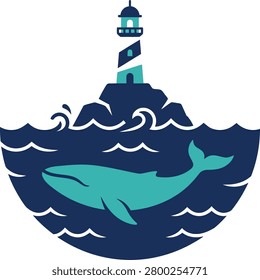 A serene ocean scene featuring a whale swimming near a lighthouse on a rocky shore