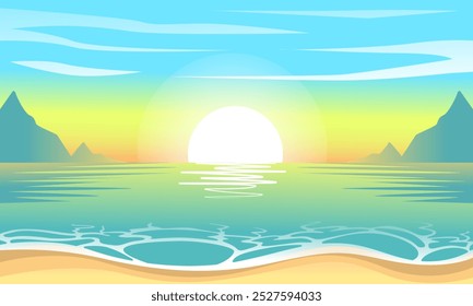 Serene Ocean Sunrise with Clear Sky and Calm Waters, Beautiful Beach Sunrise Over Calm Sea with Mountain Views - Flat Design, Tropical Sunrise Over Ocean with Gentle Waves and Mountains