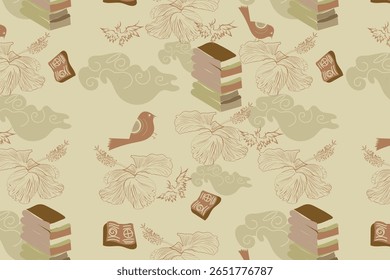 Um sereno Old Library Garden desdobra-se no estilo coreano de arte folclórica de Minhwa, onde flores suaves florescem ao lado de criaturas míticas, nuvens giratórias e símbolos de sorte e harmonia.