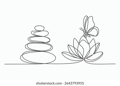 Sereno desenho de uma linha de pedras empilhadas, uma flor de lótus e uma borboleta. Perfeito para temas de spa, bem-estar ou meditação. Design minimalista e elegante.