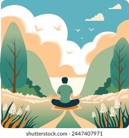 Serene outdoor meditation, vector illustration, showcasing peaceful mindfulness practice in a beautiful natural setting.