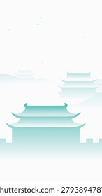 Serene pagoda silhouettes float against misty skies. Layers of architecture fade into gentle foggy horizons. Calm waters reflect soft green hues beneath the structures