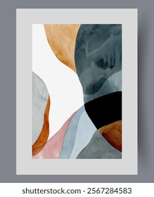 Serene painting with abstract elements of different colors intertwined together to create stylish composition. Nordic painting for use in interior design modern offices and work spaces. Decor, print