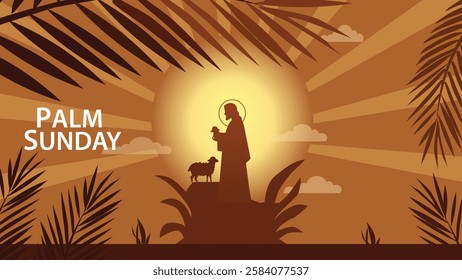 A serene Palm Sunday illustration showing Jesus on a donkey with palm branches around the scene, bathed in the warm light of a setting sun.