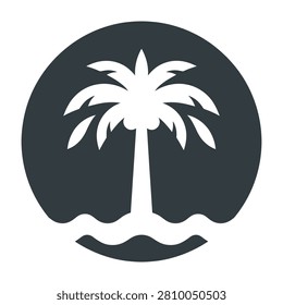 A serene palm tree stands tall on a beach at sunset or sunrise in a circular frame silhouette