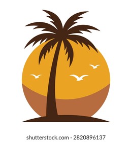 A serene palm tree stands tall on a small island at sunset with flying birds in the sky, evoking a sense of tropical paradise and relaxation.
