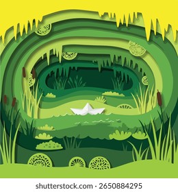 Serene Papercut Illustration of a Paper Boat on a Lush Green Pond