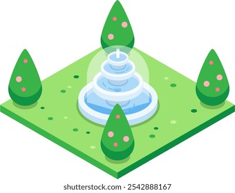 Serene park fountain with cascading water, surrounded by green trees and pink flowers, perfect for urban planning concepts