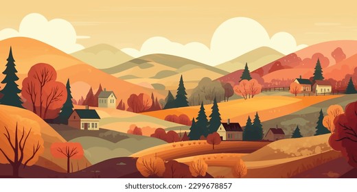 Serene Park  Hand Drawn Spring and Summer Landscape with Village  Forest  Trees  and a Picnic Scene