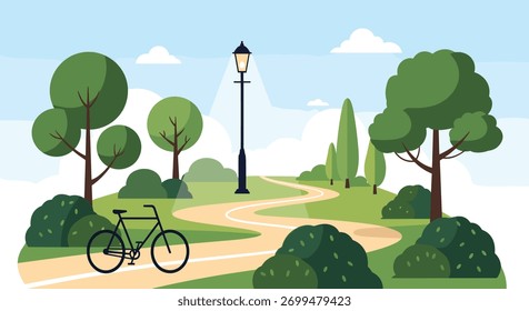 Um caminho de parque sereno atravessa árvores verdes exuberantes e arbustos sob um céu azul claro com uma bicicleta solitária esperando.