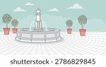 Serene park scene featuring a central fountain surrounded by potted trees on a tailed patterned ground under a light blue sky. Ideal for landscape design or calm environment visuals.