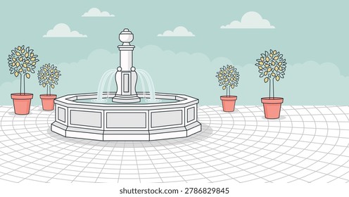 Serene park scene featuring a central fountain surrounded by potted trees on a tailed patterned ground under a light blue sky. Ideal for landscape design or calm environment visuals.