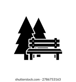 Serene park scene featuring a classic wooden bench nestled among two tall pine trees. This iconic image evokes feelings of outdoor relaxation, nature's tranquility, and public recreation areas, perfect for illustrating themes of parks, natural landscapes, rest areas, and healthy outdoor activities in a clear, graphic style for various projects.