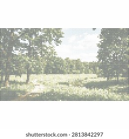 Serene park scene rendered in a diamond pixel mosaic, featuring lush green trees, a clear pathway, and open sky overhead.