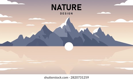 Serene Pastel Mountain Lake Reflection Landscape Illustration