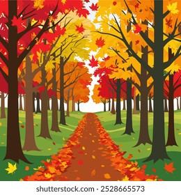 A serene path through a forest of vibrant autumn trees. Leaves are falling, and the ground is covered in a thick carpet of red, orange, and yellow.