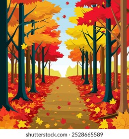 A serene path through a forest of vibrant autumn trees. Leaves are falling, and the ground is covered in a thick carpet of red, orange, and yellow.