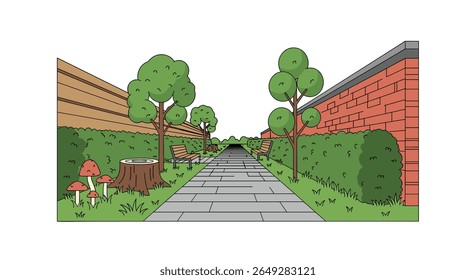 Um caminho sereno revestido com exuberantes sebes verdes e árvores maduras criando um belo corredor natural que leva a um horizonte distante