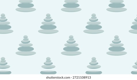 Patrón sereno de pilas equilibradas de piedras grises y azules lisas que representan zen y tranquilidad sobre un fondo azul pastel claro para spa.