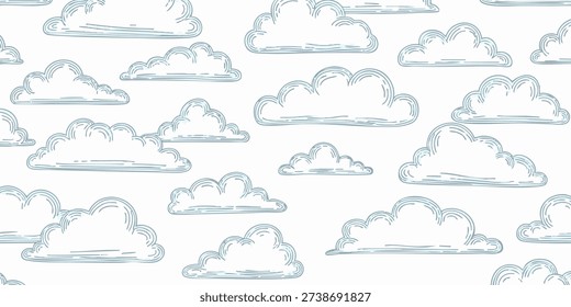 A serene pattern of blue clouds against a white background viewed from a straightforward perspective